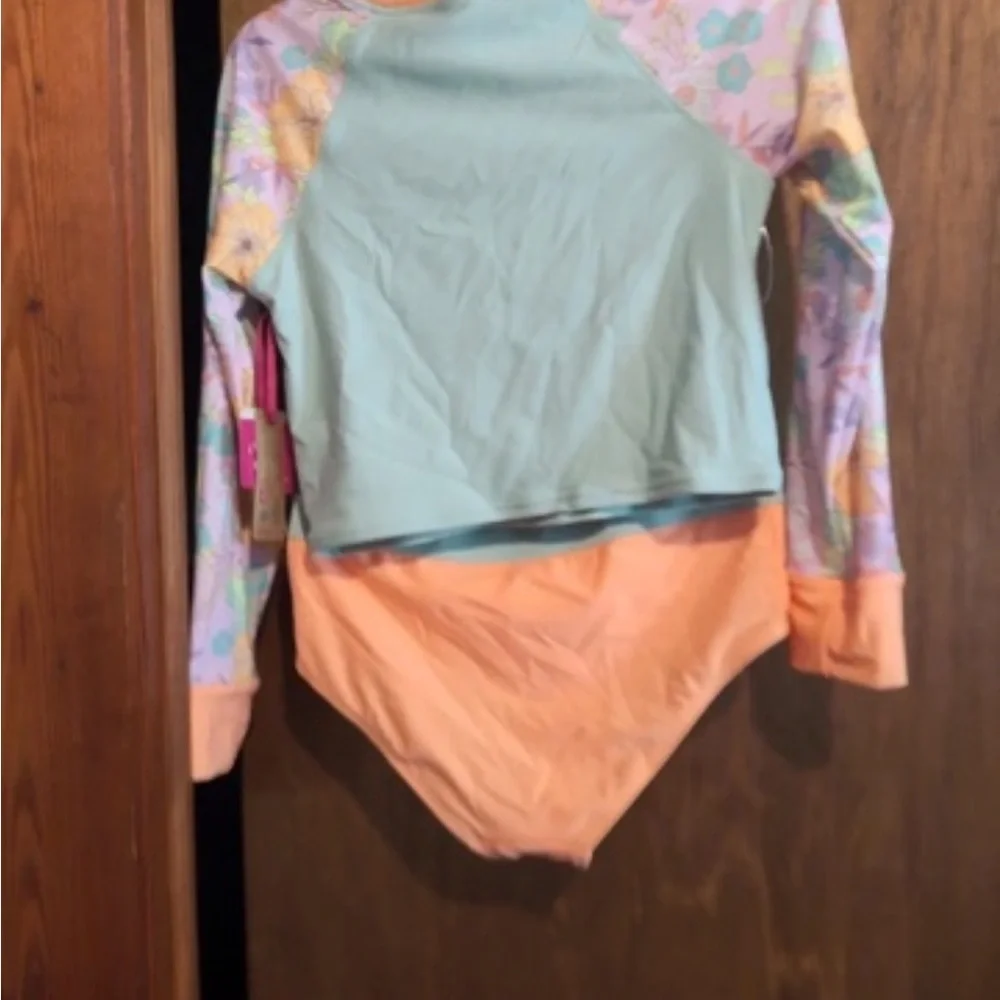Justice Girls Mint & Peach Floral Sleeve Long-Sleeve Swim Set